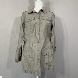 Chicos Size 1 M Beige‎ Linen Blend Military Button Up Shirt Dress Utility Cargo